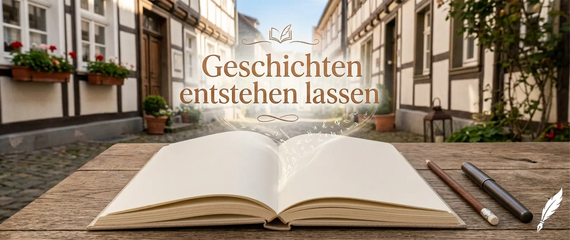 Offenes Notizbuch auf Holztisch vor Fachwerkhäusern mit Schriftzug "Geschichten entstehen lassen" als Symbol für kreatives Schreiben und Ideenfindung im Kurs