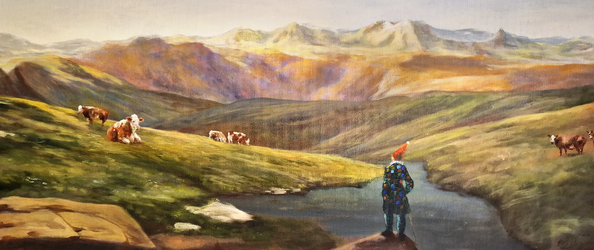 Landschaft mit Bergen, Fluss, grasenden Kühen und einer Person in bunter Kleidung als Motiv für Landschaftsmalerei-Anfängerkurs