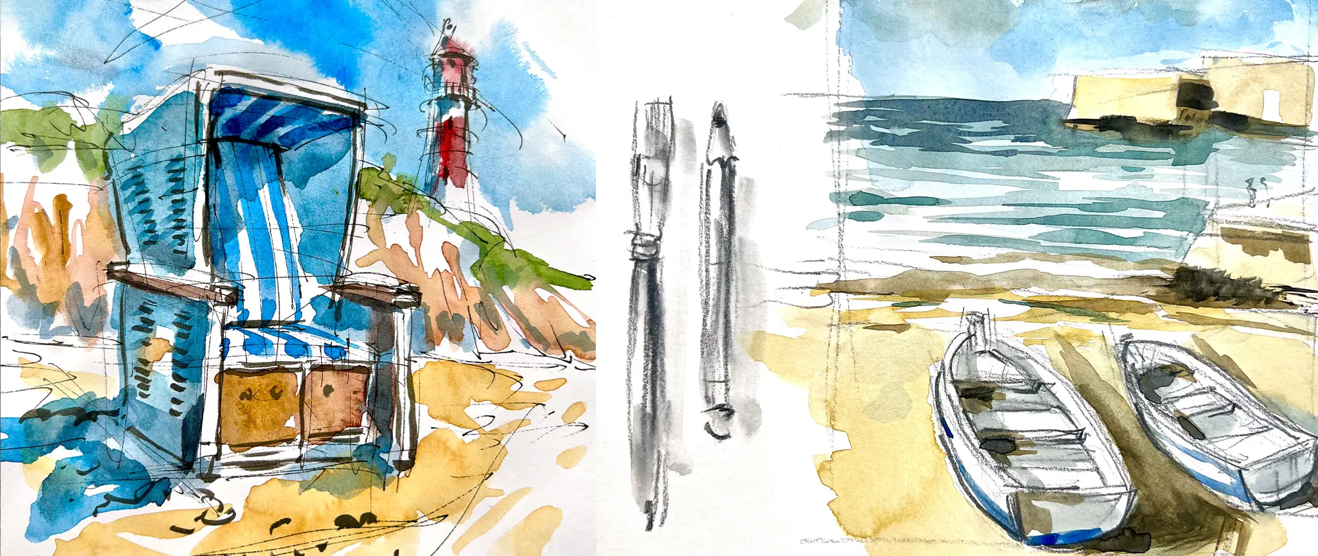 Strandlandschaft mit Strandkorb, Leuchtturm und zwei Booten, skizziert in schnell gezeichneter Aquarelltechnik als Reiseskizze