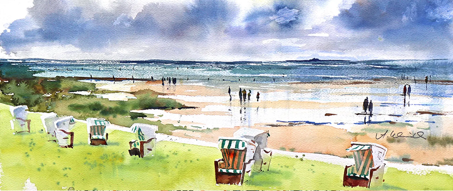 Aquarell einer Küstenlandschaft mit Strandkörben auf der Wiese und Menschen am Wasser, das Reiseskizzen und Outdoor-Malerei symbolisiert