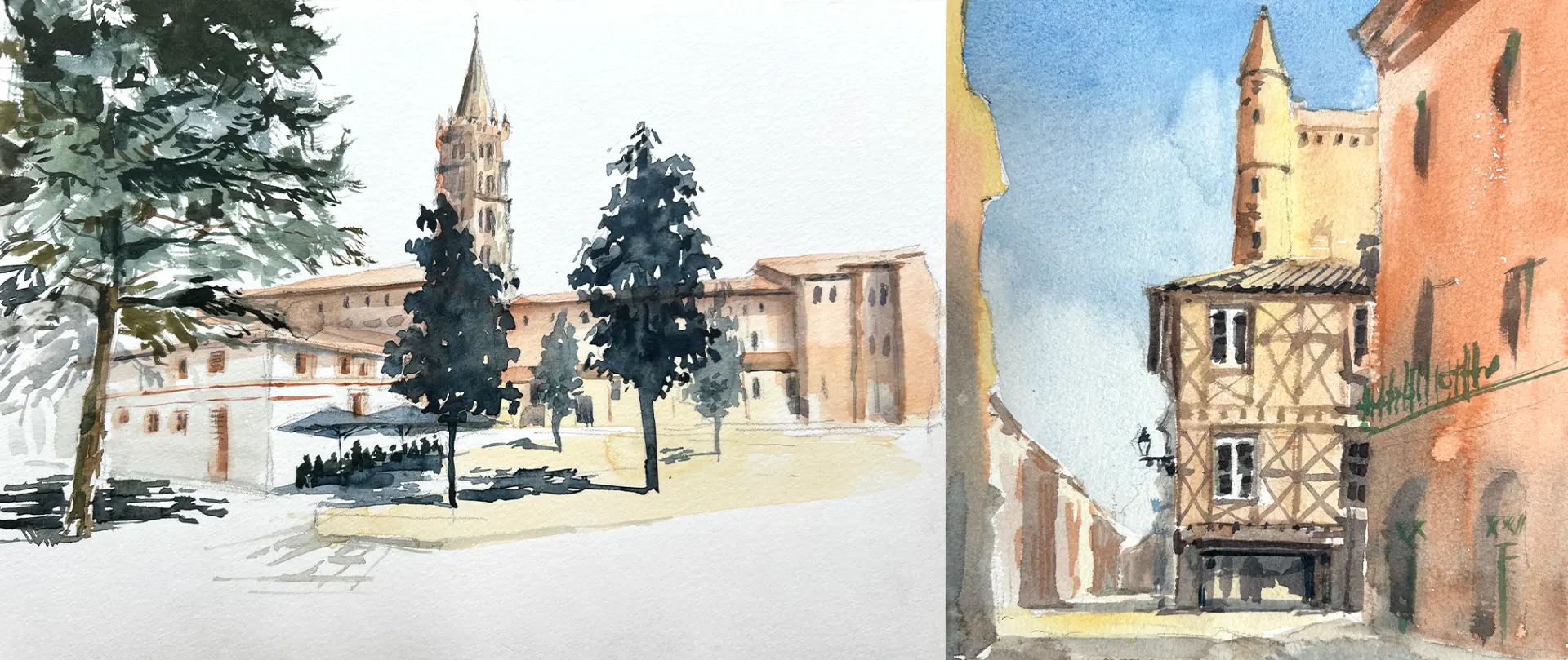 Aquarellstudien von Stadtansichten mit Gebäuden und Bäumen, die Perspektive und lebendige Architektur in lockerer Malweise zeigen