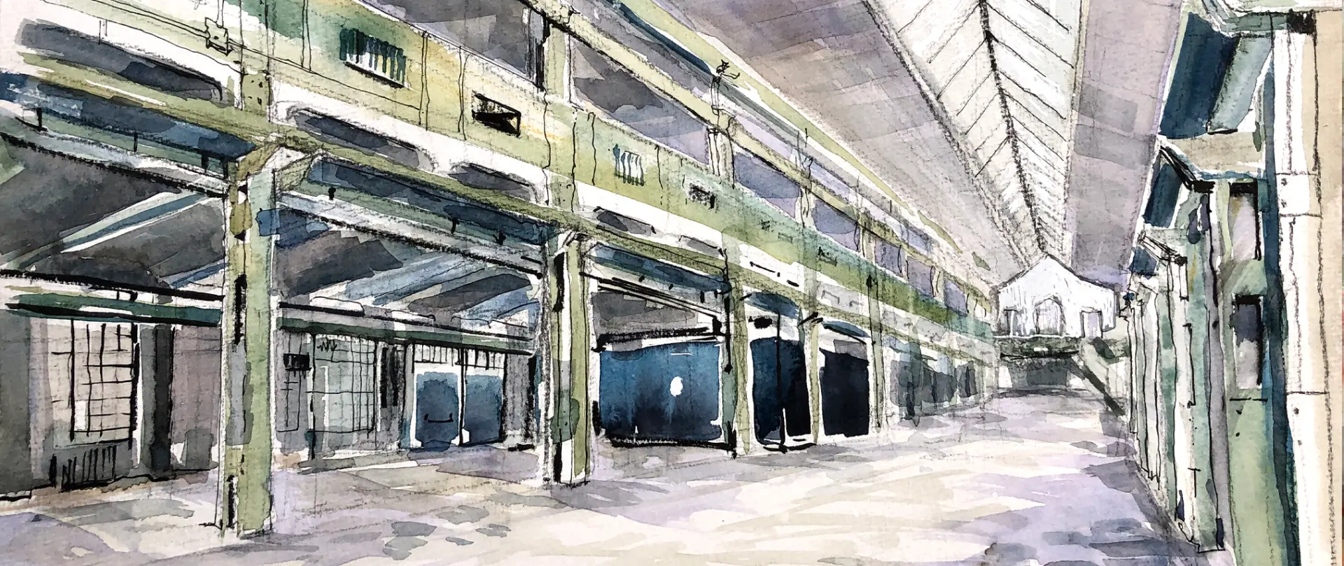 Unbenanntes Projekt Aquarellzeichnung einer urbanen Architektur mit Gebäuden und Säulen, die Perspektive und lebendige Stadtansichten spielerisch darstellt