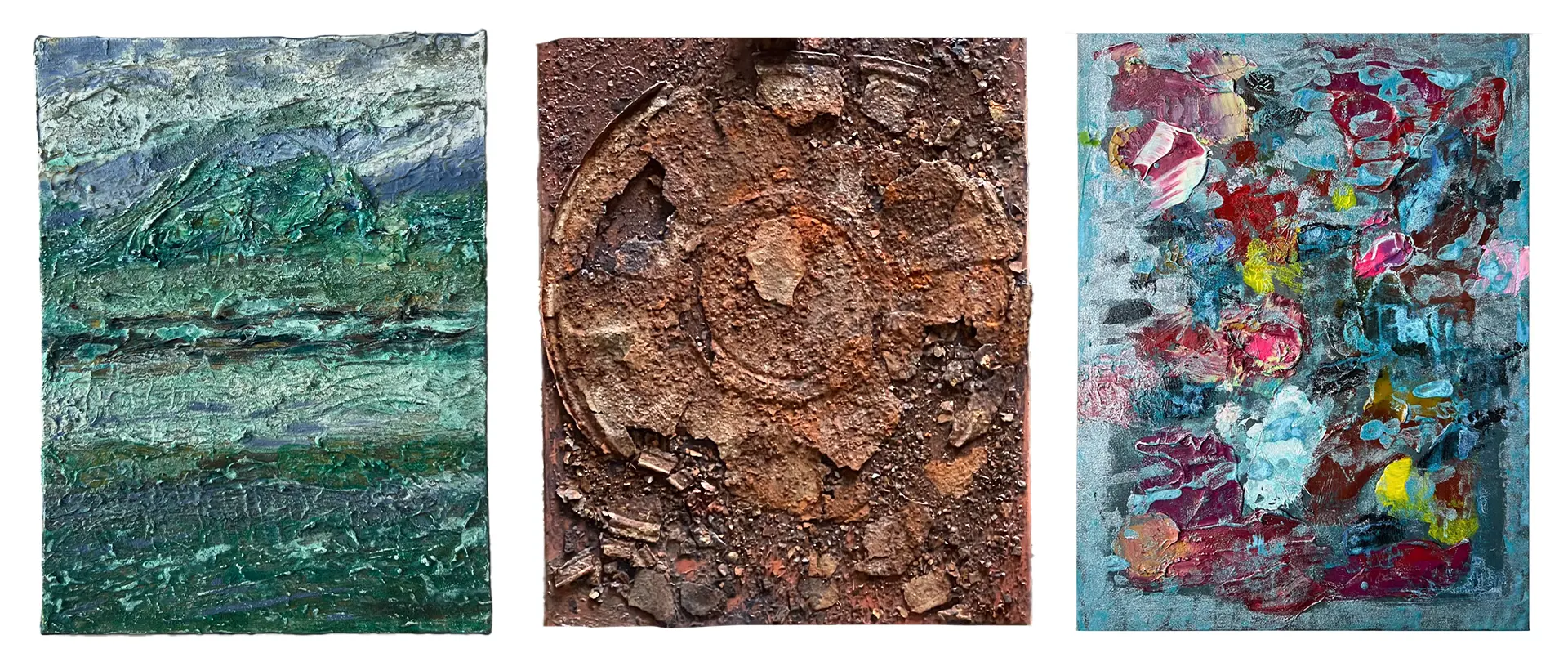 Mixed Media mit Rost und Patina Drei Mixed-Media Kunstwerke mit rostigen Strukturen, verwitterten Oberflächen und farbigen Patina-Effekten als Inspiration für Maltechniken