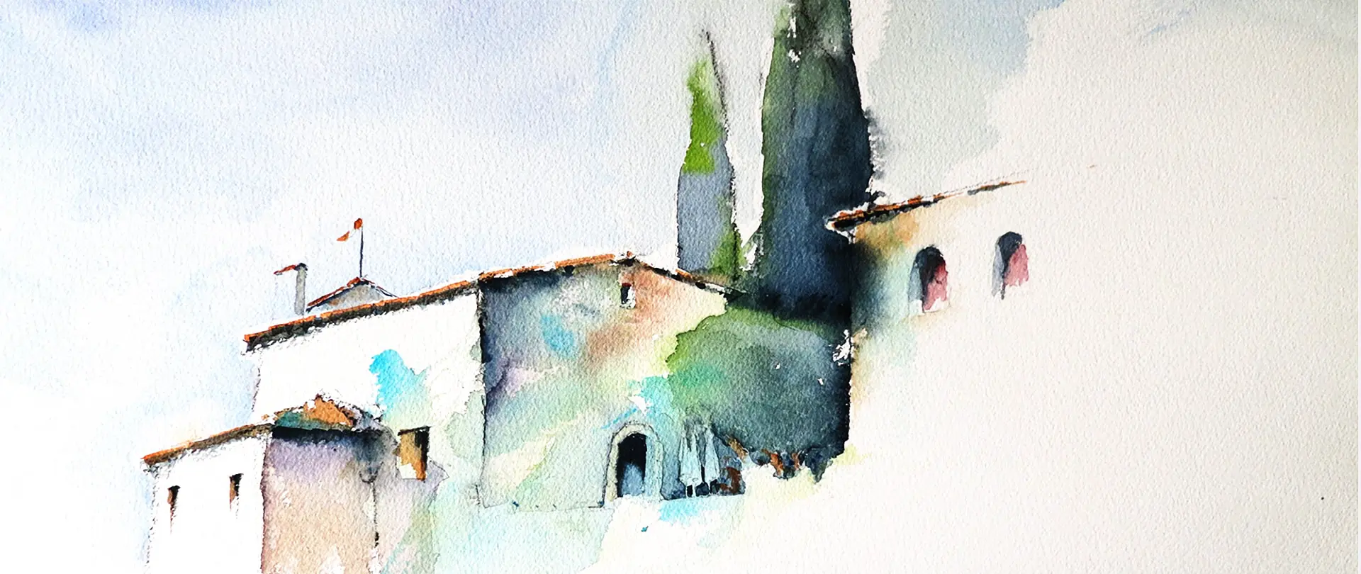 Ruhland Aquarellmalerei eines Hauses mit Bäumen in zarten, verlaufenden Farben als Ausdruck künstlerischer Impression