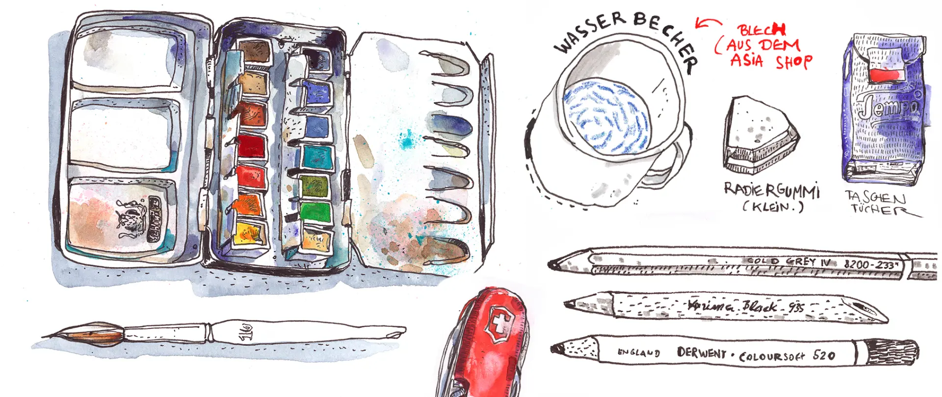Aquarellfarbpalette, Pinsel, Zeichenstifte, Radiergummi, Wasserbecher und Taschentücher als Materialien für den Skizzenbuch-Kurs "Mut zum Skizzenbuch"