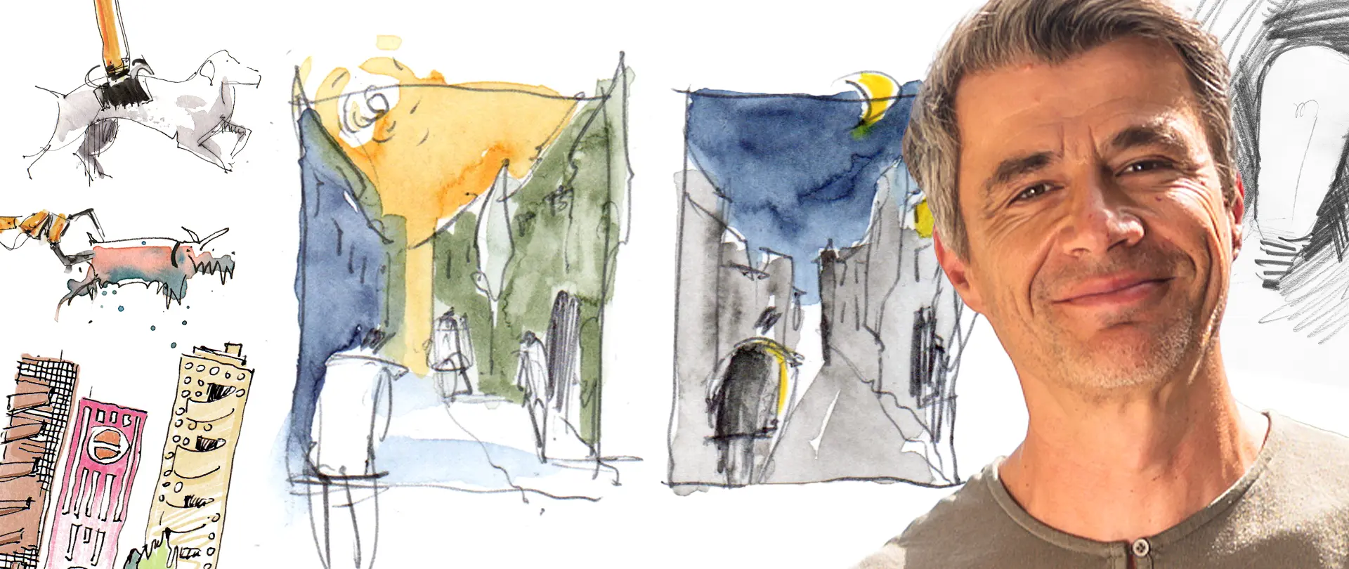 Mann vor Skizzen mit Figuren, Gebäuden und verschiedene Tageszeiten, die schnelle Entscheidungen beim Sketchen veranschaulichen
