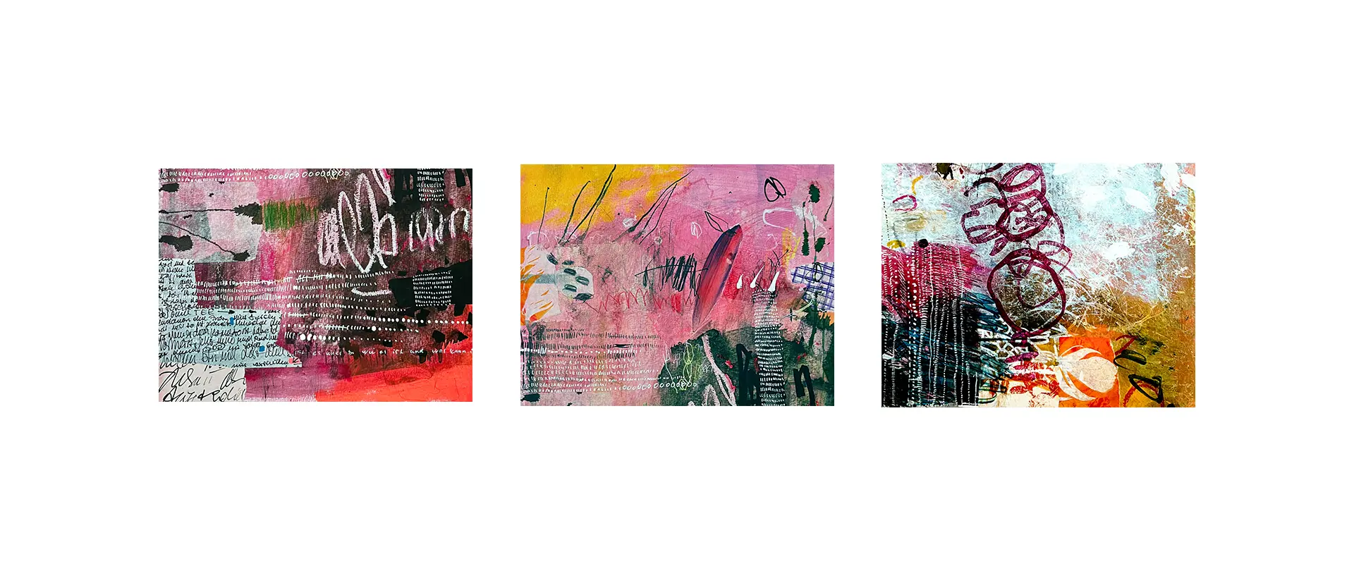 Drei farbenfrohe, abstrakte Mixed-Media-Collagen mit Texturen, Schriftfragmenten und verspielten Zeichnungen im Kleinformat, die experimentelle Kreativität zeigen