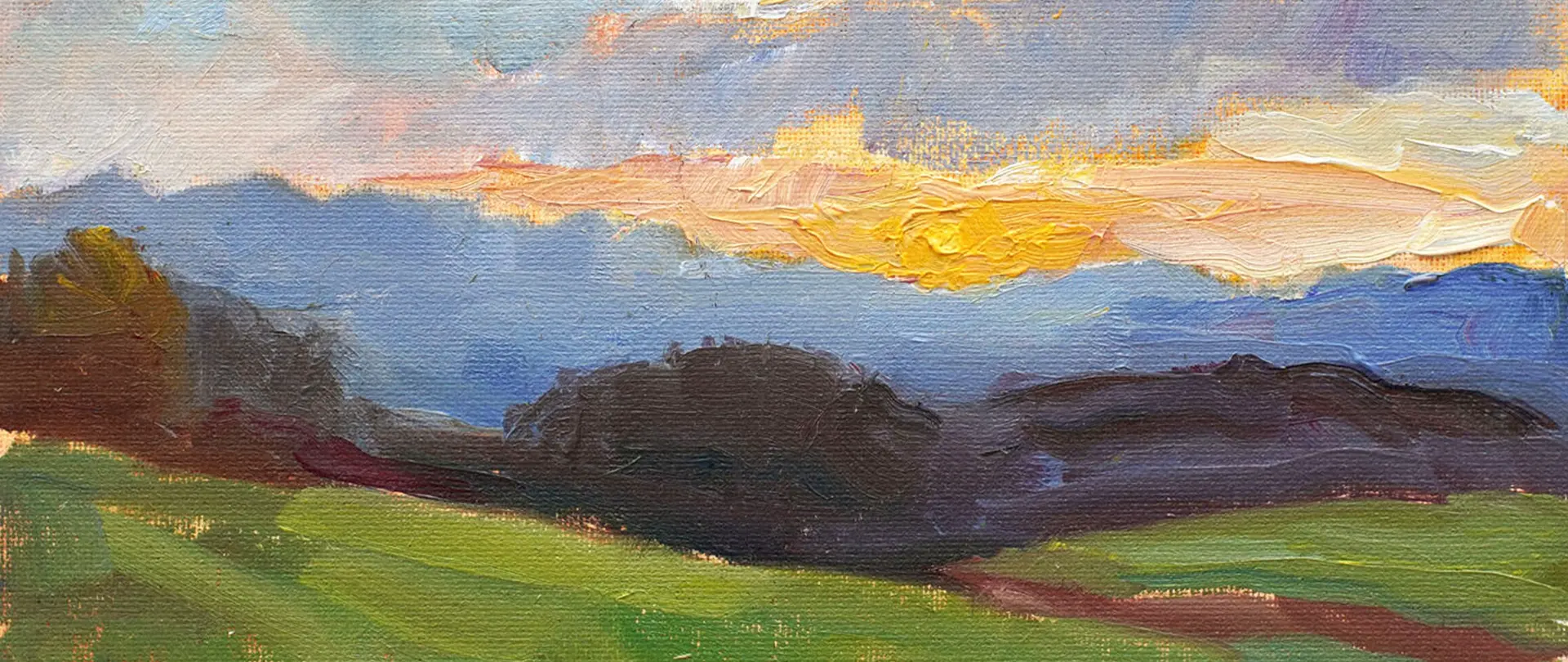 Landschaftsskizze in Öl mit schnellen Pinselstrichen zeigt Hügel, Felder und einen farbenfrohen Himmel im Abendlicht