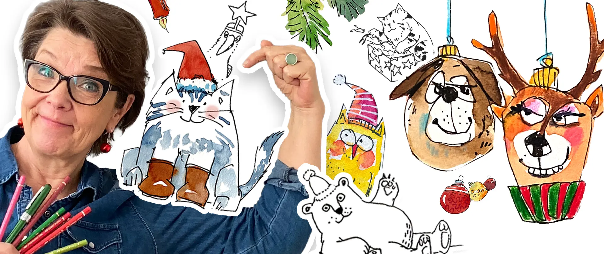 Frau mit Buntstiften präsentiert skizzierte Weihnachtstiere wie Katze mit Mütze, Hund, Rentier und Pinguin als Beispiel für Weihnachtssketch-Kurs