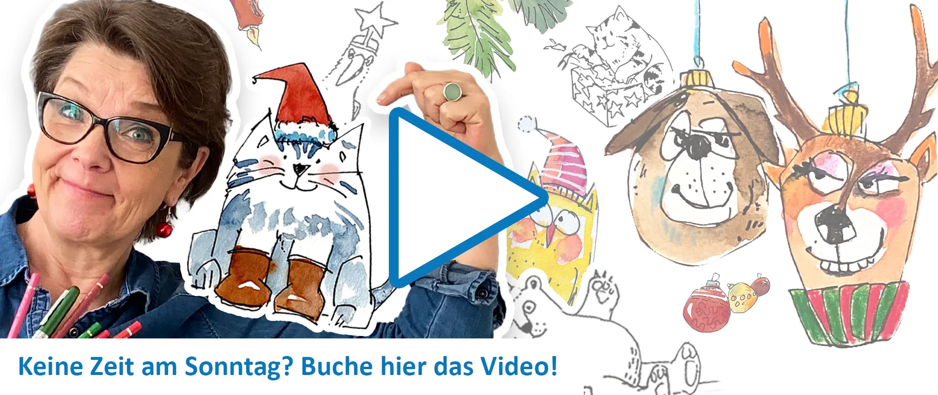 Frau mit Brille zeigt gezeichnete Weihnachtstiere wie Rentier, Katze und Hund mit Mütze und Schal im Sketchenkurs "Weihnachtstiere sketchen" als Video-Aufzeichnung