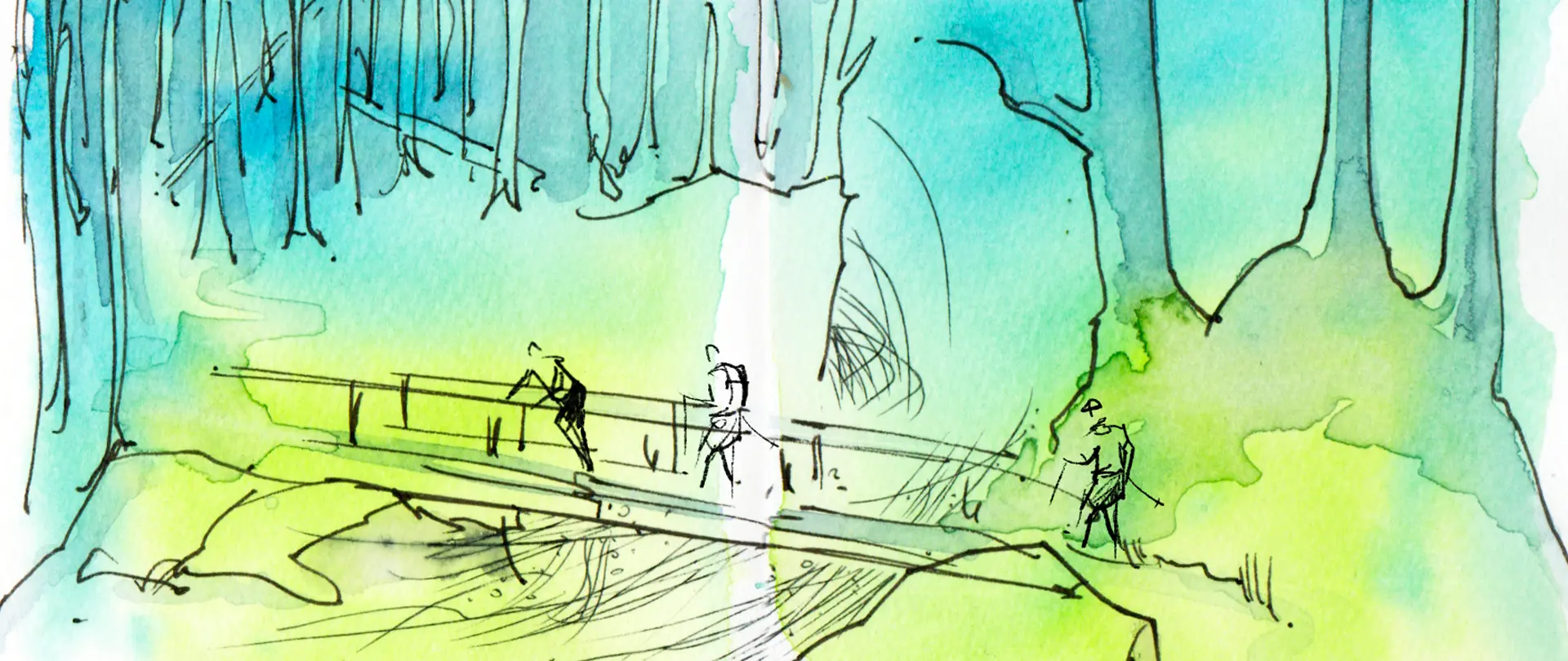 Aquarellskizze mit drei Personen, die auf einer Brücke in einer bewaldeten Allgäuer Landschaft zeichnen und malen