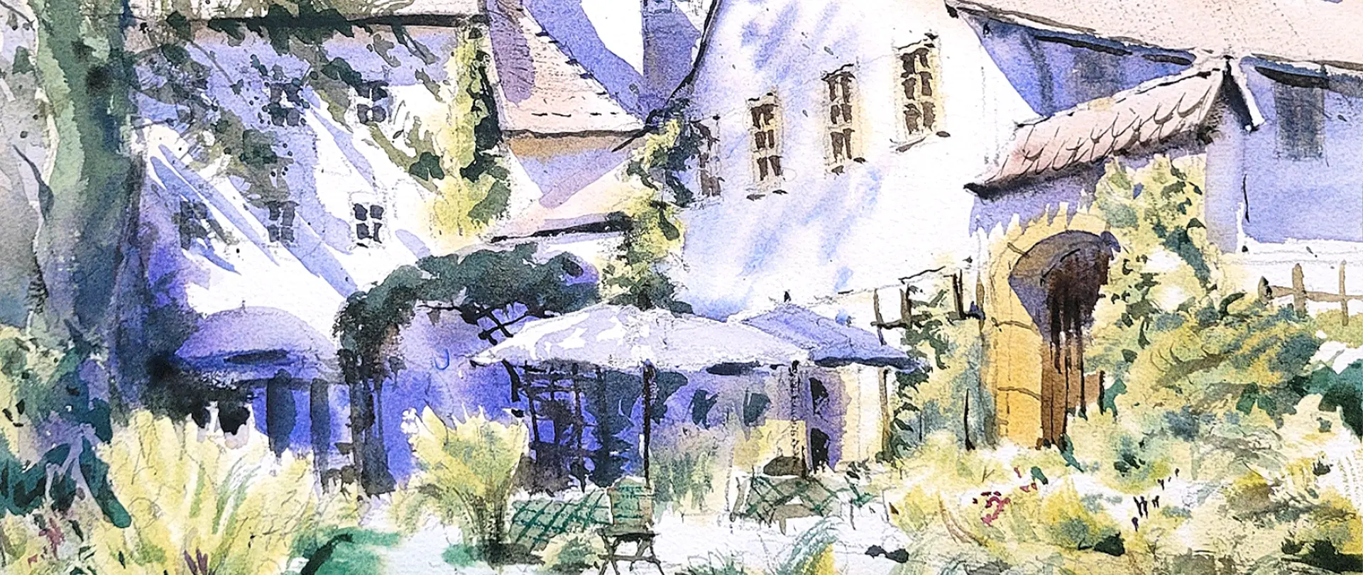 USK Hattingen Wasserfarbenaquarell einer Fachwerkhaus-Szene mit Garten und Sonnenschirmen in Hattingen, zeigt den besonderen Charme von Urban Sketching und Flusslandschaften