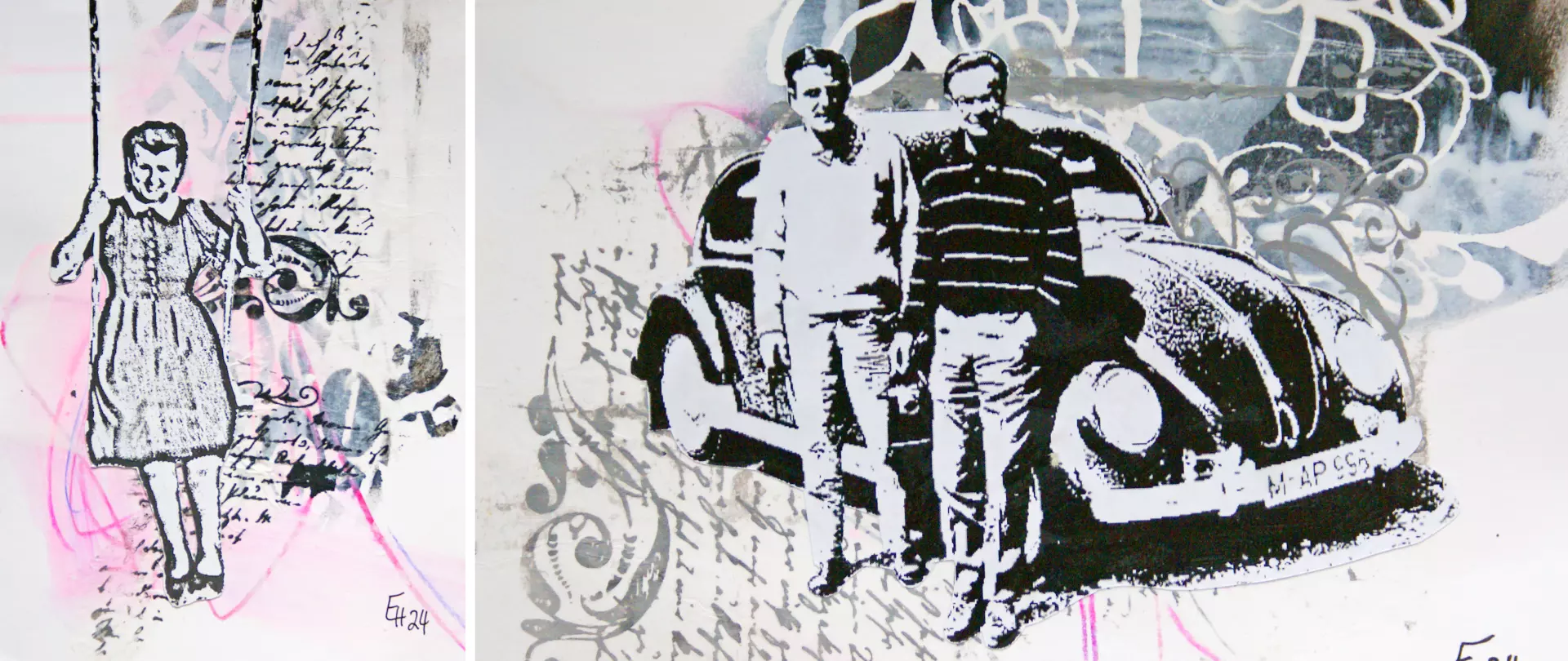 Farbige Collage mit zwei Figuren neben einem Auto und einer schwingenden Frau in Kleid vor abstrakten Texturen und handschriftlichen Elementen