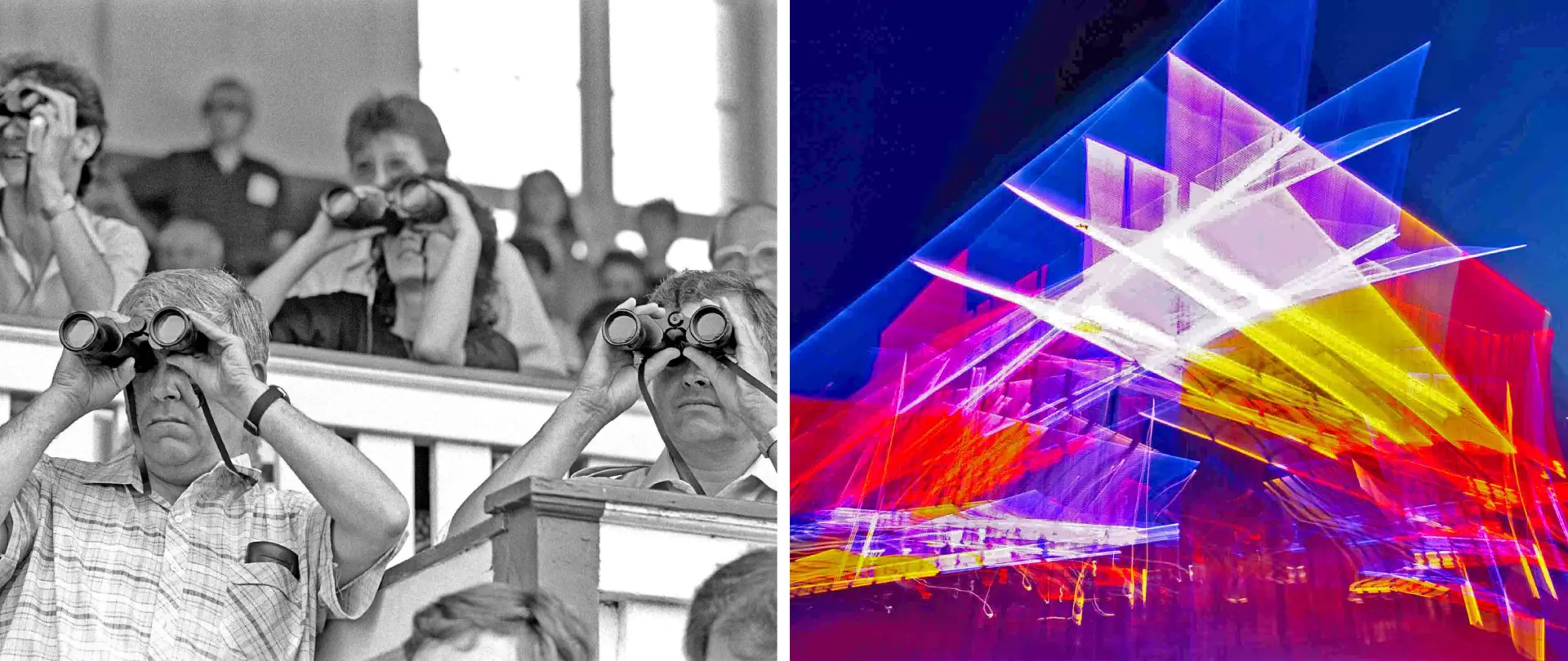 Schwarz-weißes Foto von Zuschauern mit Ferngläsern und farbenfrohe abstrakte Lichtspuren als kreative Kameraaufnahme von Berlins lebendiger Atmosphäre
