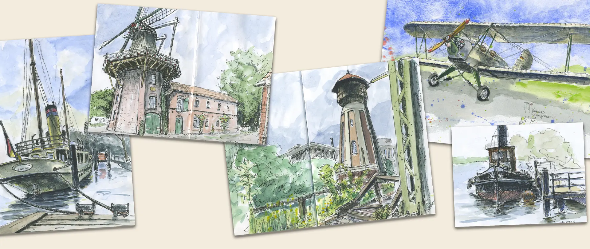Skizzen mit Windmühle, Leuchtturm, Flugzeug und historischen Industrieelementen als Beispiel für Industrial Sketching in der Henrichshütte Hattingen