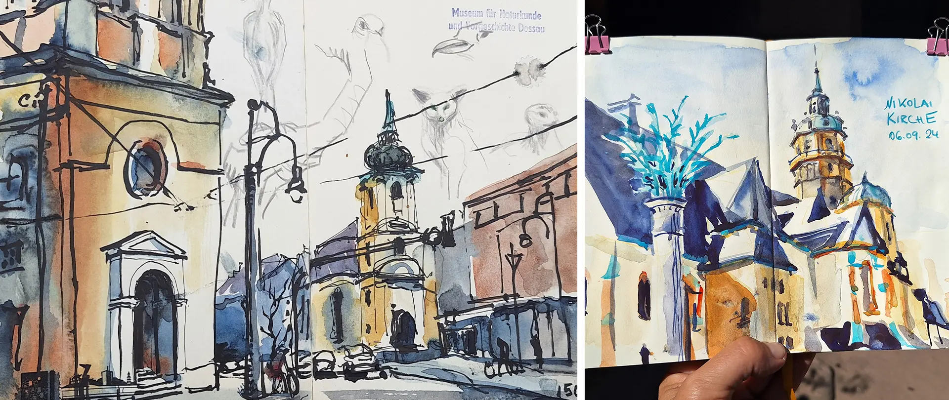Zwei unterschiedlich gestaltete Urban Sketching-Städteszenen mit Kirche, Straßenlaternen und Gebäuden, eine gezeichnet und die andere aquarelliert im Skizzenbuch