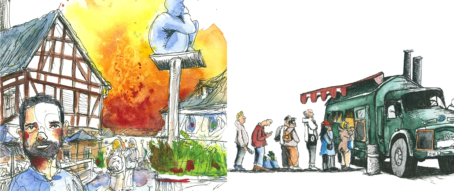 Urban Sketching Zeichnungen von Hattingens historischen Fachwerkhäusern und Alltagsszenen mit Menschen, die in der Stadt anstehen und die Atmosphäre erleben