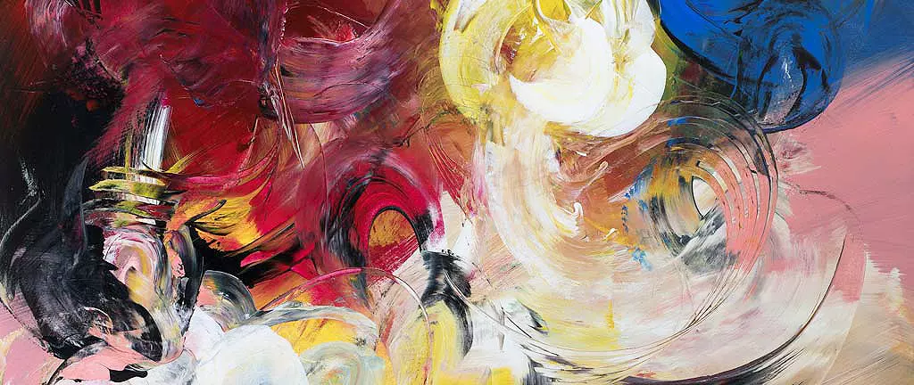 Abstraktes Gemälde mit intensiven Farbschichten, harmonischen Verläufen und dynamischen Formen, die den Einsatz von Spachtelmasse und kreativen Maltechniken vermitteln