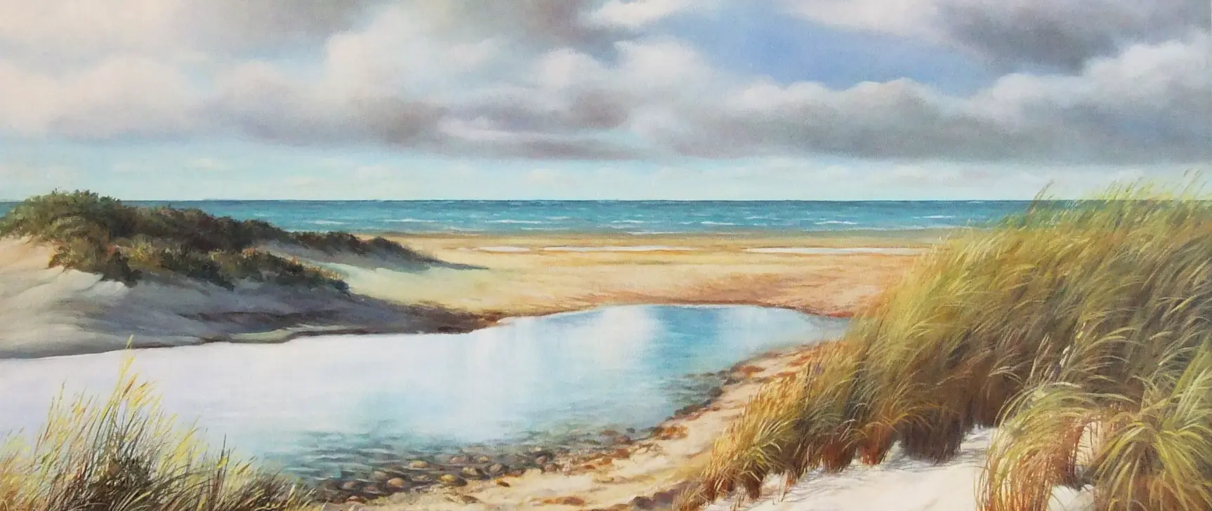 Wattenmeer-Landschaft mit Dünen, Strand und Wasserfläche in sanften Farben als Inspiration für Landschaftsmalerei im Freien