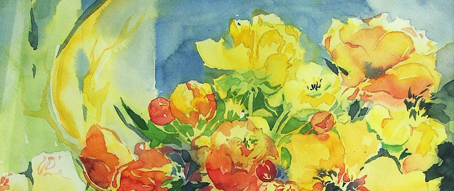 Gelb/orangene Pfingstrosen in Aquarell von Gabriele Templin-Kirz.