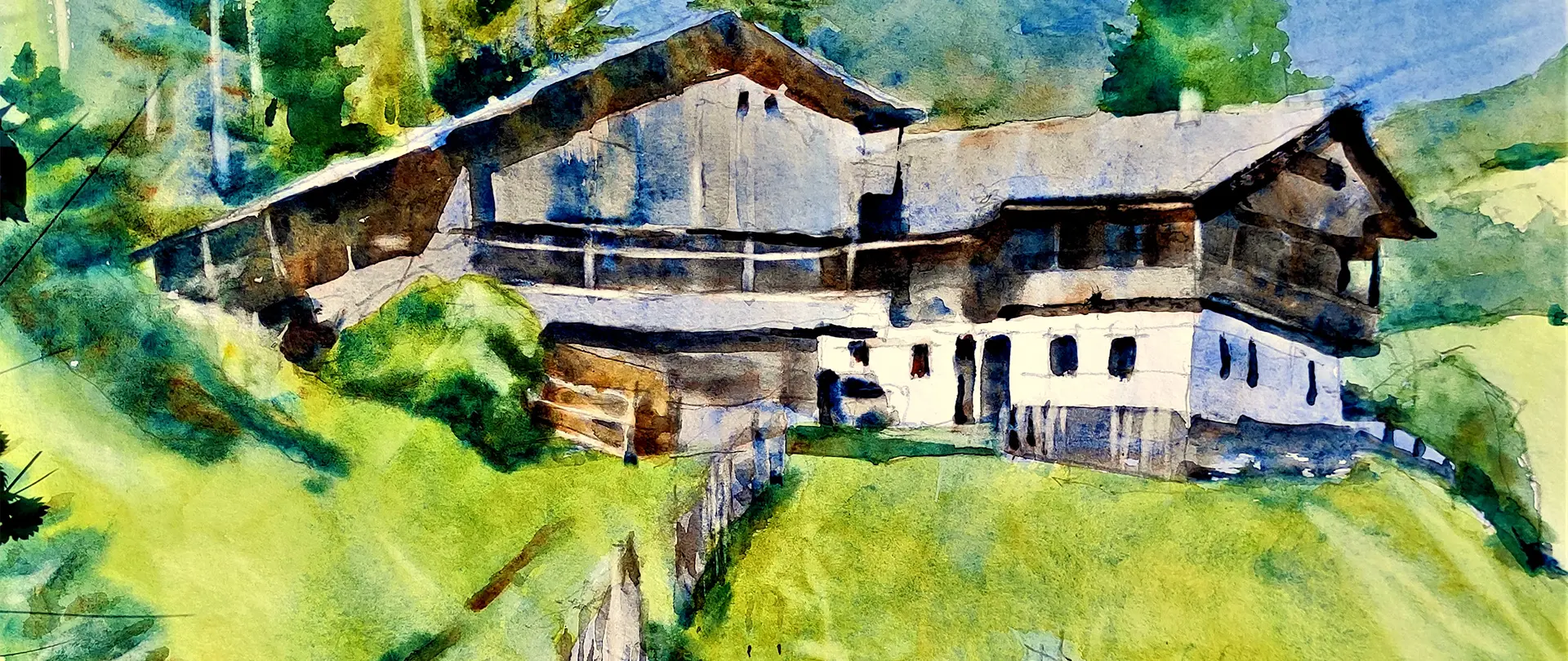 Alte Berghütte in grüner Alpenlandschaft in Aquarelltechnik, inspiriert von der Aquarell-Exkursion durchs 5-Seen-Land
