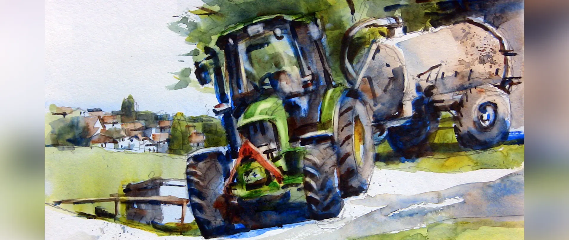 Aquarell-Malerei eines Traktors mit Anhänger in ländlicher Umgebung, typisch für die Berchtesgadener Landschaft