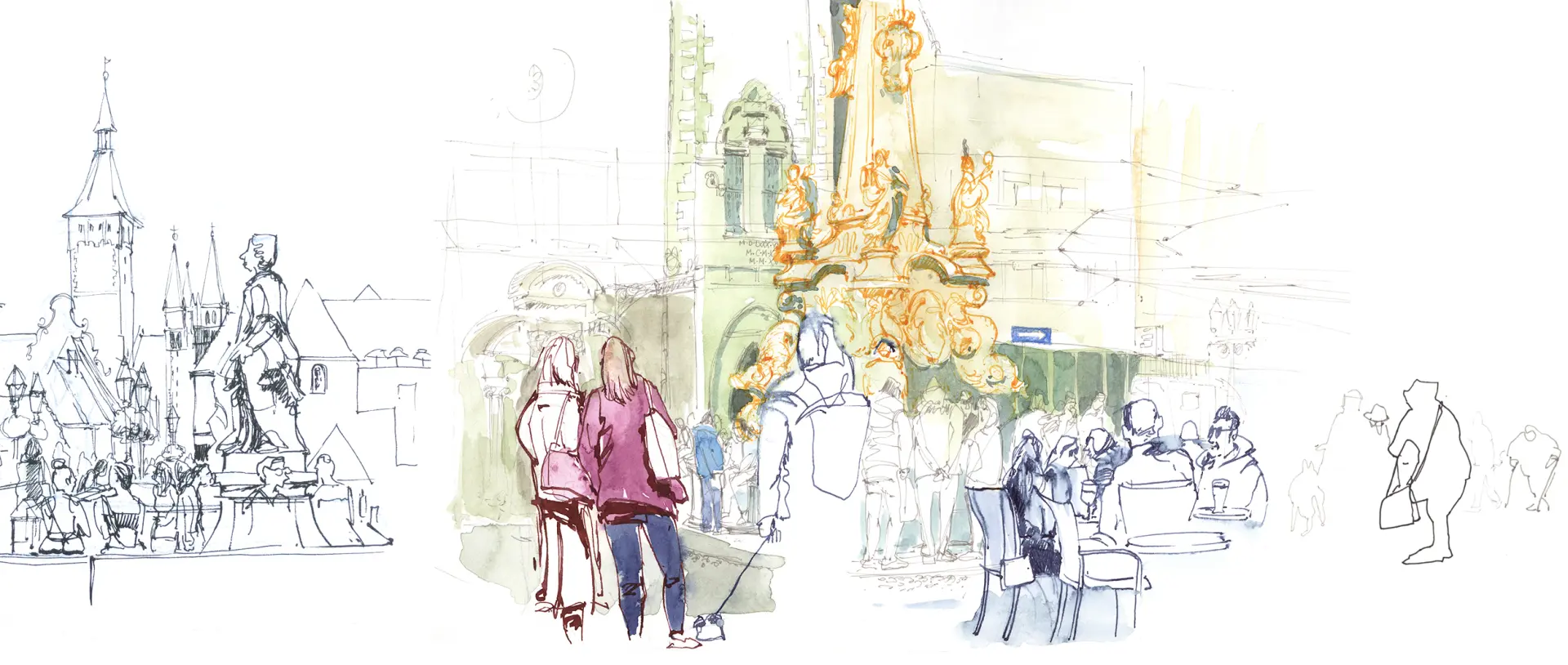 Wien Rosenberg Skizze lebendiger Stadtszenen mit Menschen, Architektur und urbaner Atmosphäre, die typische Momente in der Stadt kunstvoll einfängt