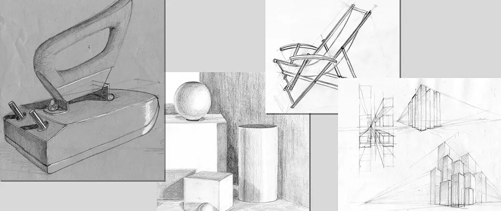 Bleistiftzeichnungen von geometrischen Formen, einem Bügeleisen, einem Klappstuhl und perspektivischen Stadtansichten als Einführung ins Zeichnen