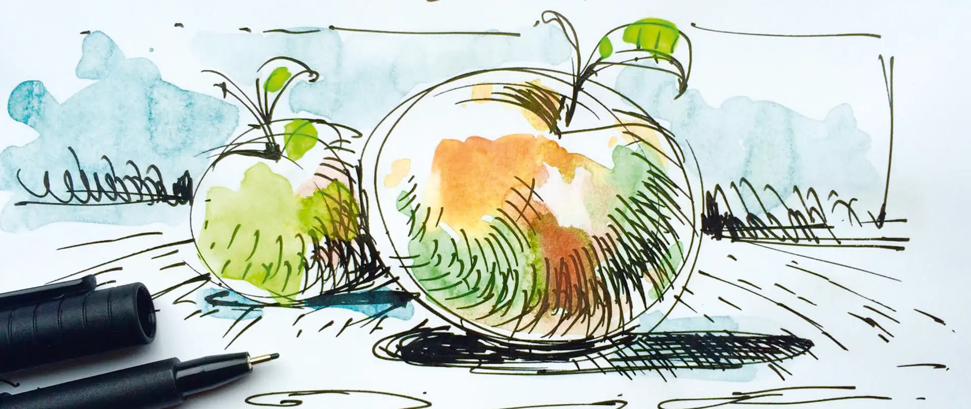 Zeichnung Äpfel Zwei farbenfrohe, skizzenhafte Aquarellzeichnungen von Äpfeln mit lebendigen Linien und Schattierungen, daneben zwei Zeichenstifte
