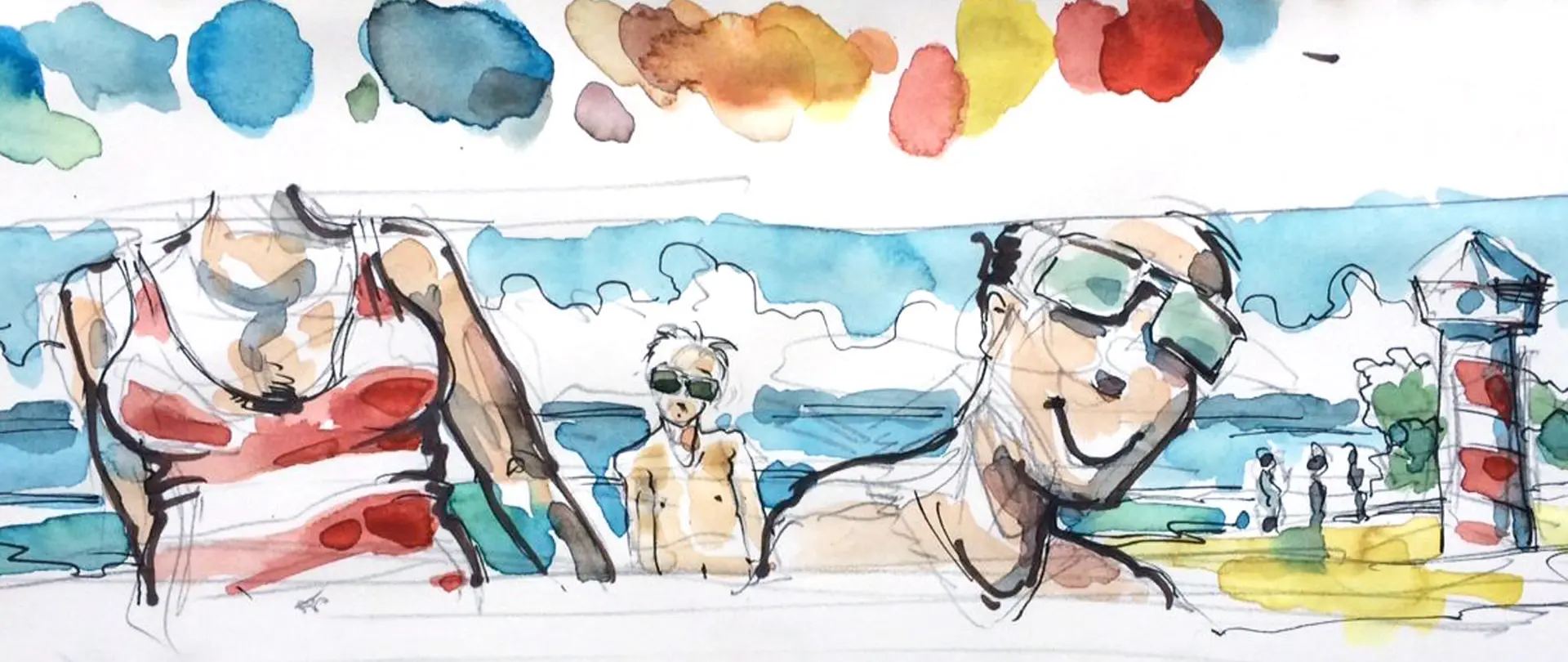 Menschen in Badebekleidung am Strand mit Leuchtturm im Hintergrund, skizzenhafte und farbige Aquarellzeichnung