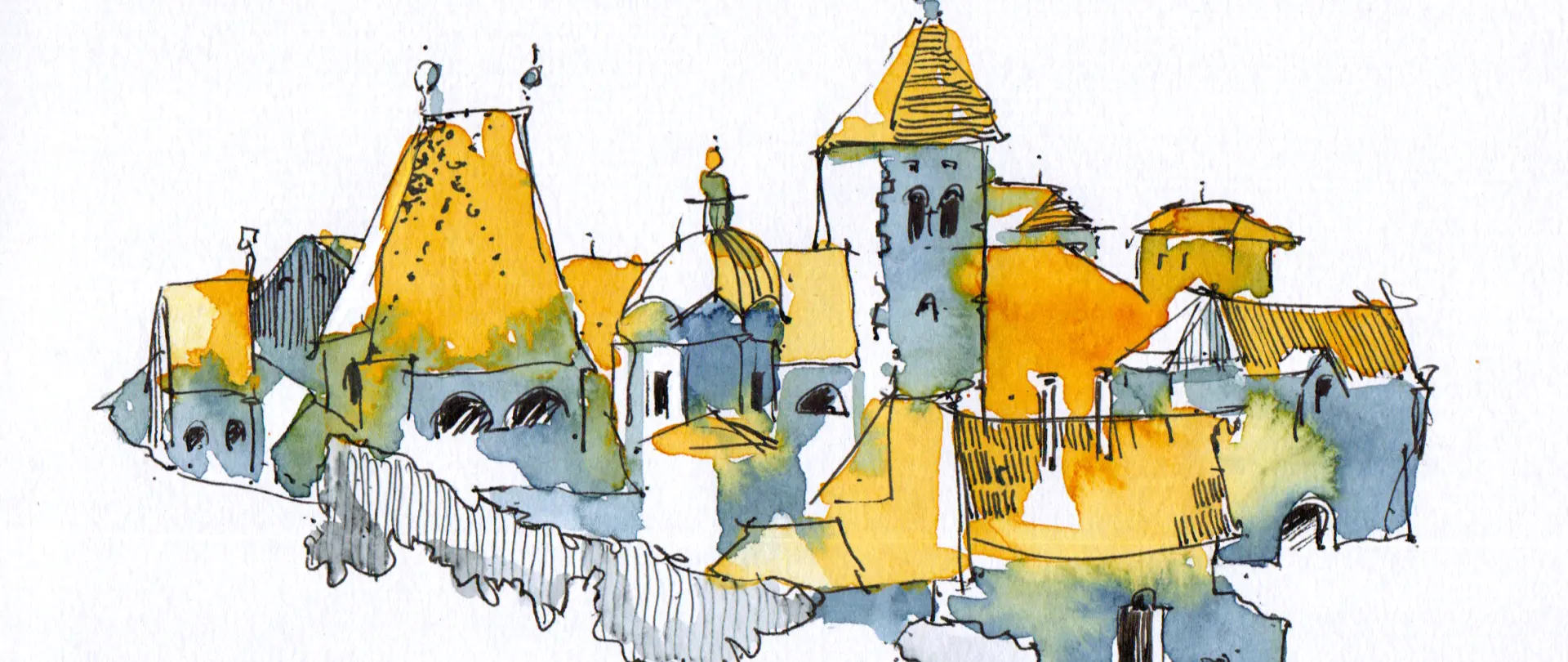 Aquarellskizze einer malerischen Altstadt mit verschiedenen Türmen und Dächern, inspiriert von urbanen Motiven für das Abenteuer Skizzenbuch Zeichnen unterwegs
