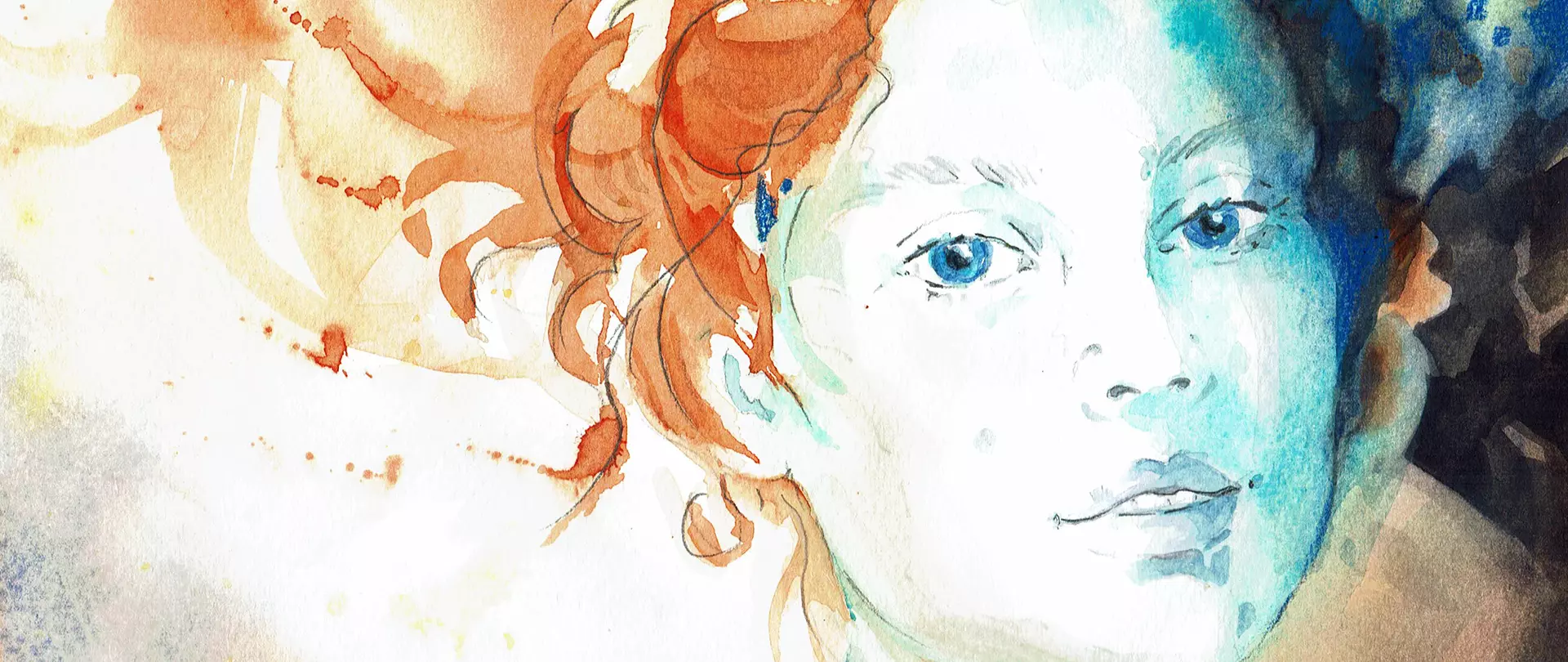 Aquarellporträt einer Frau mit roten Haaren und hellblauer Hautfarbe, das die Vielfalt und Leichtigkeit der Aquarelltechniken vermittelt