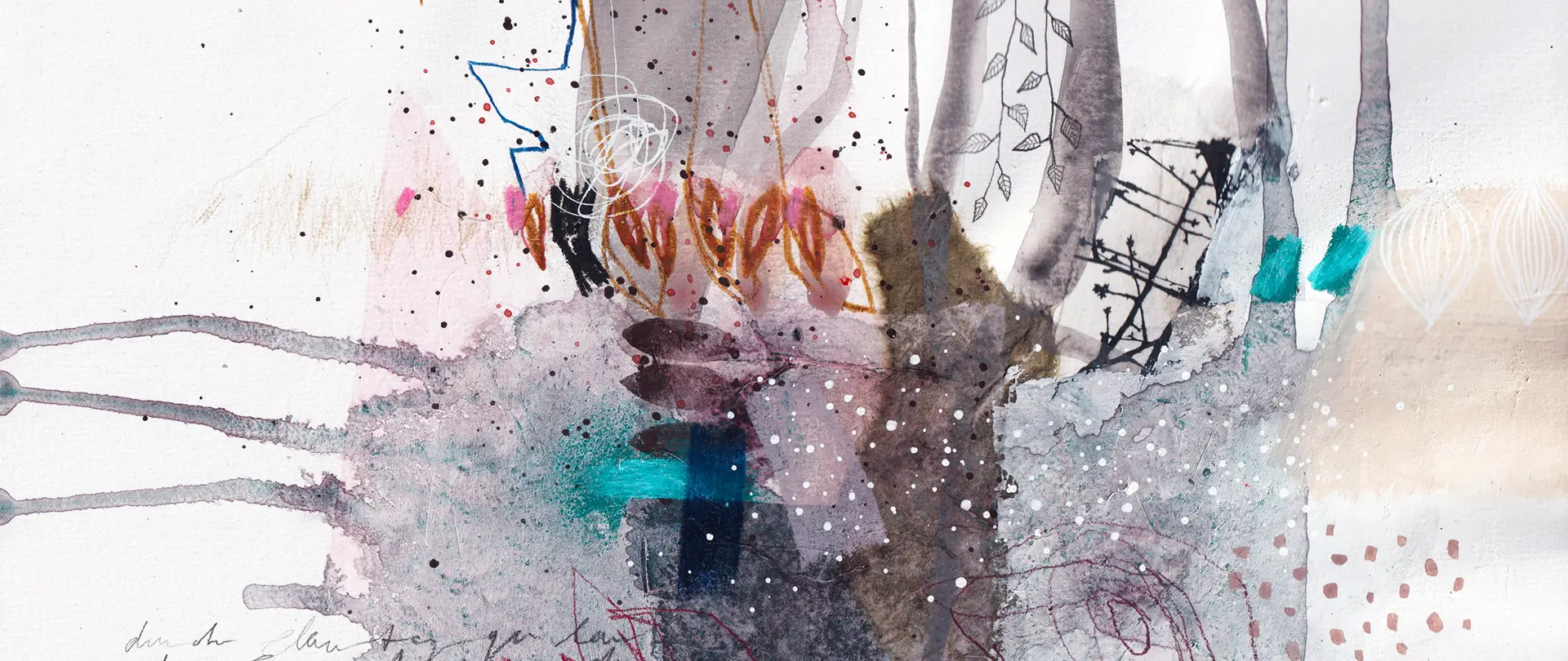 Abstrakte Mixed Media Collage mit Farbverläufen, Linien und organischen Formen für kreative serielle Kunsttechnik und intuitive Gestaltung