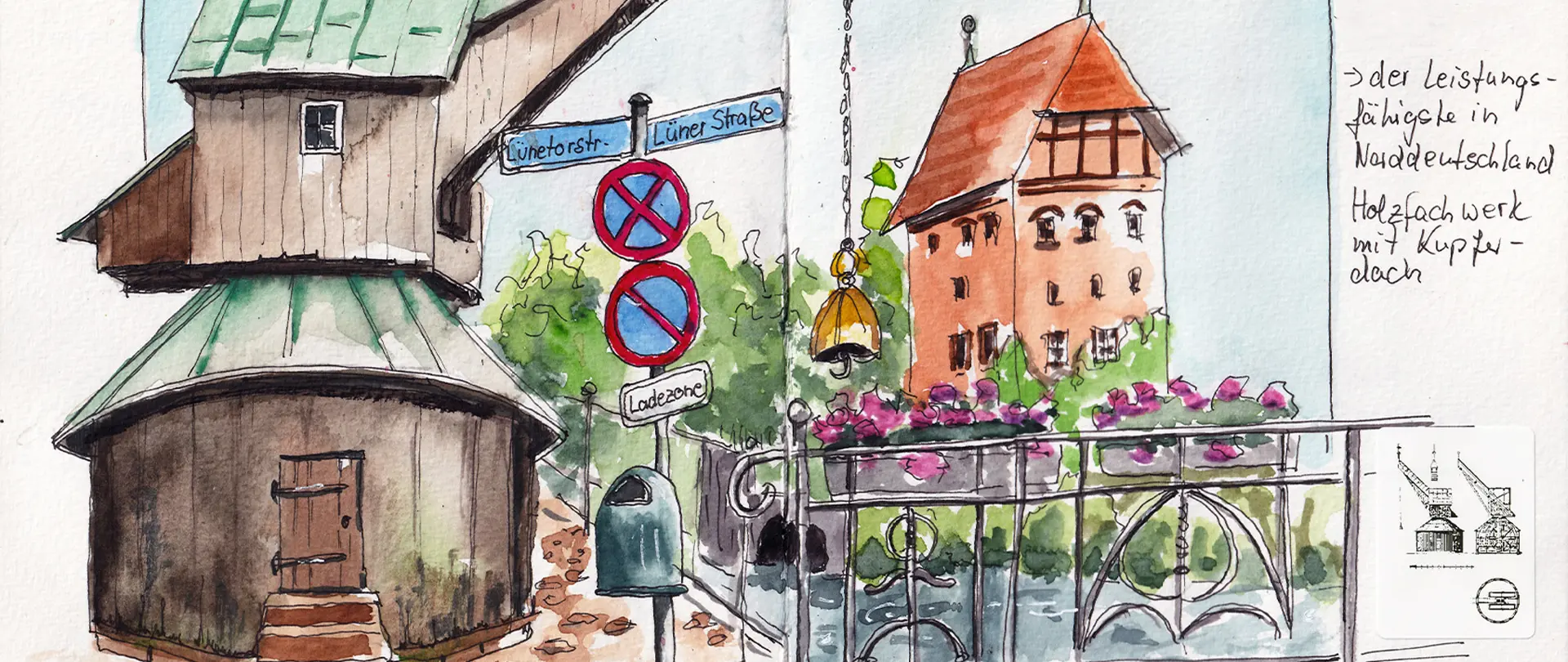 Handgezeichnete Skizze eines historischen Fachwerkhauses mit Kupferdach, Straßenschildern und Blumenkasten auf einem Balkon, in Aquarellfarben gestaltet