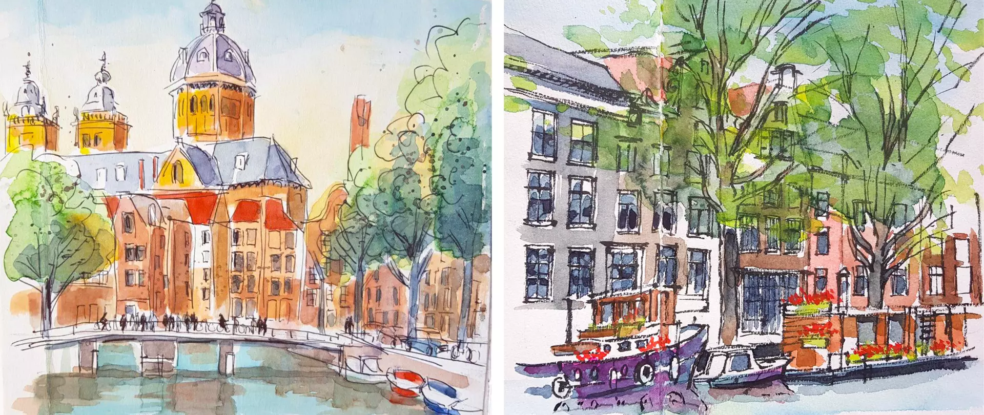 Urbanes Stadtbild und grüne Ufer mit Skizzen von Gebäuden, Bäumen und Kanälen in Aquarelltechnik, inspiriert vom Skizzieren in Potsdam