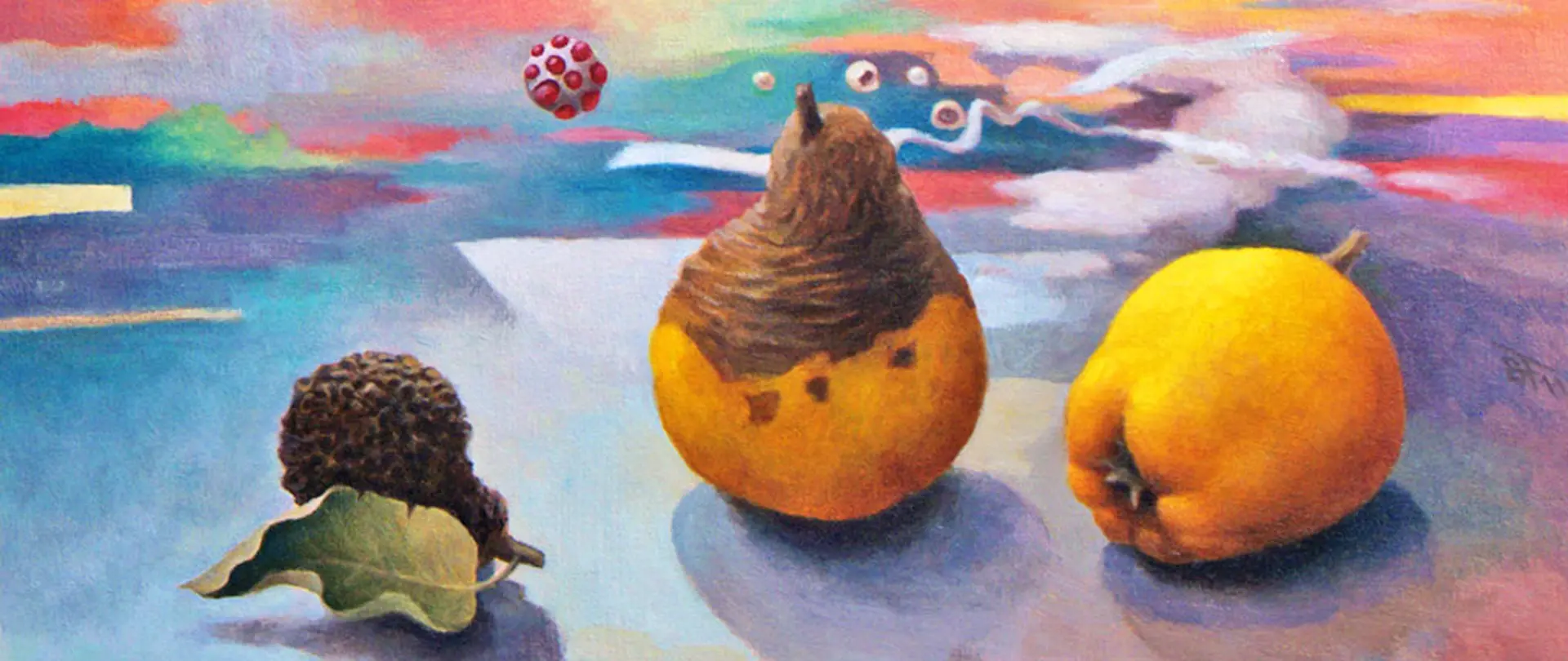 a6c06f7d 0201 4461 9d02 b565d7a68c31 Stillleben mit drei Früchten vor farbigem Himmel, gemalt in altmeisterlicher Technik mit surrealistischen Details und sanften Lichtverläufen