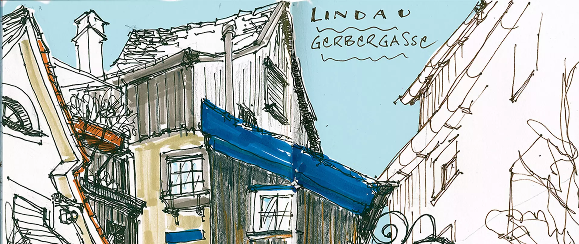 Skizze einer Straßenszene in der Gerbergasse von Lindau mit Häuserfassaden und blauem Himmel, gezeichnet im urban sketching Stil