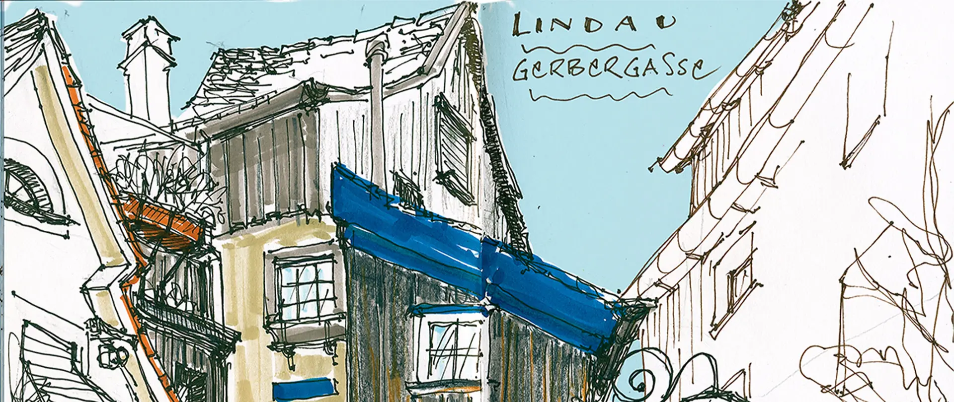 Skizze der Gerbergasse in Lindau mit historischen Häusern und Blautönen, übt urbanes Zeichnen von Straßenszenen und Atmosphäre mit Pinsel und Stift