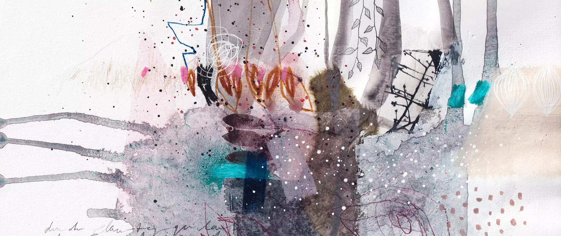 Abstrakte Mixed-Media-Collage mit verschiedenen Farbschichten, Linien und Strukturen für kreative künstlerische Ausdrucksformen im Kurs "Mixed Media Collage in Serie"