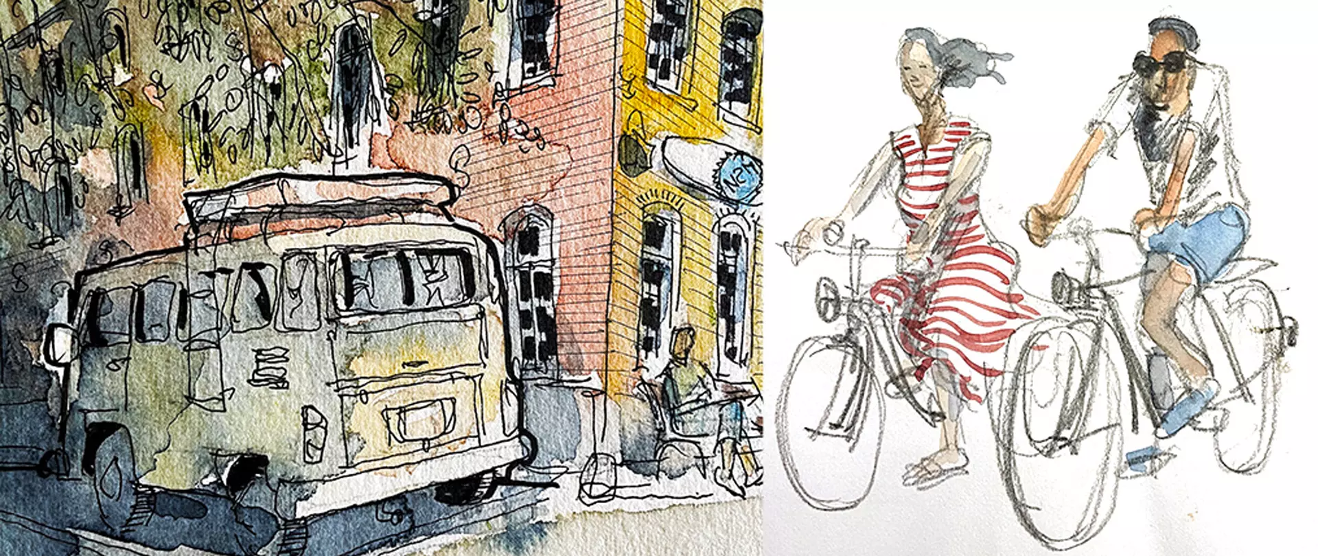 Urban Sketching von Fahrzeugen in der Stadt, mit Aquarellzeichnungen von einem Oldtimer-Bus und zwei Radfahrenden auf einem urbanen Hintergrund