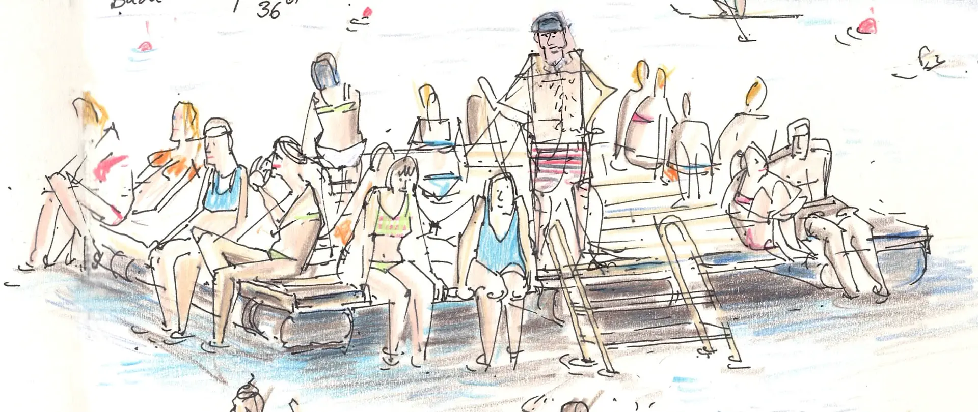 Personen in Badebekleidung sitzen und stehen entspannt auf einem Steg am Wasser, skizziert mit lockeren Linien und Farbakzenten