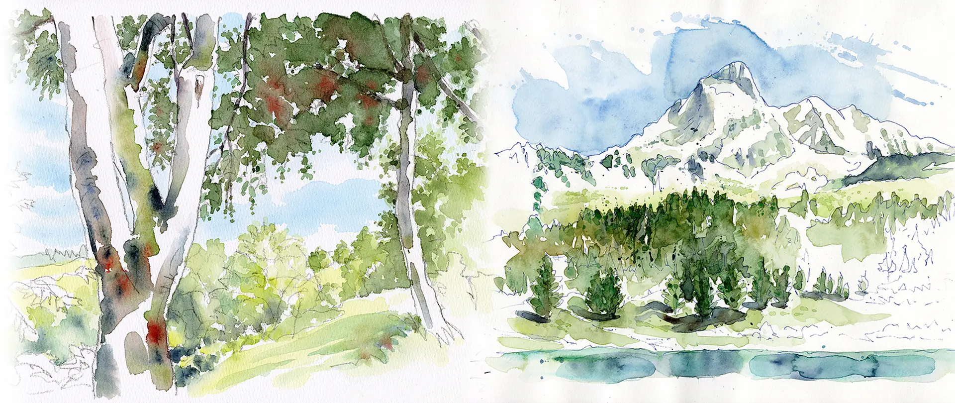 Aquarellskizzen von Bäumen, Bergen und See, die lockeres Naturzeichnen mit Pinsel, Stift und Farbe darstellen