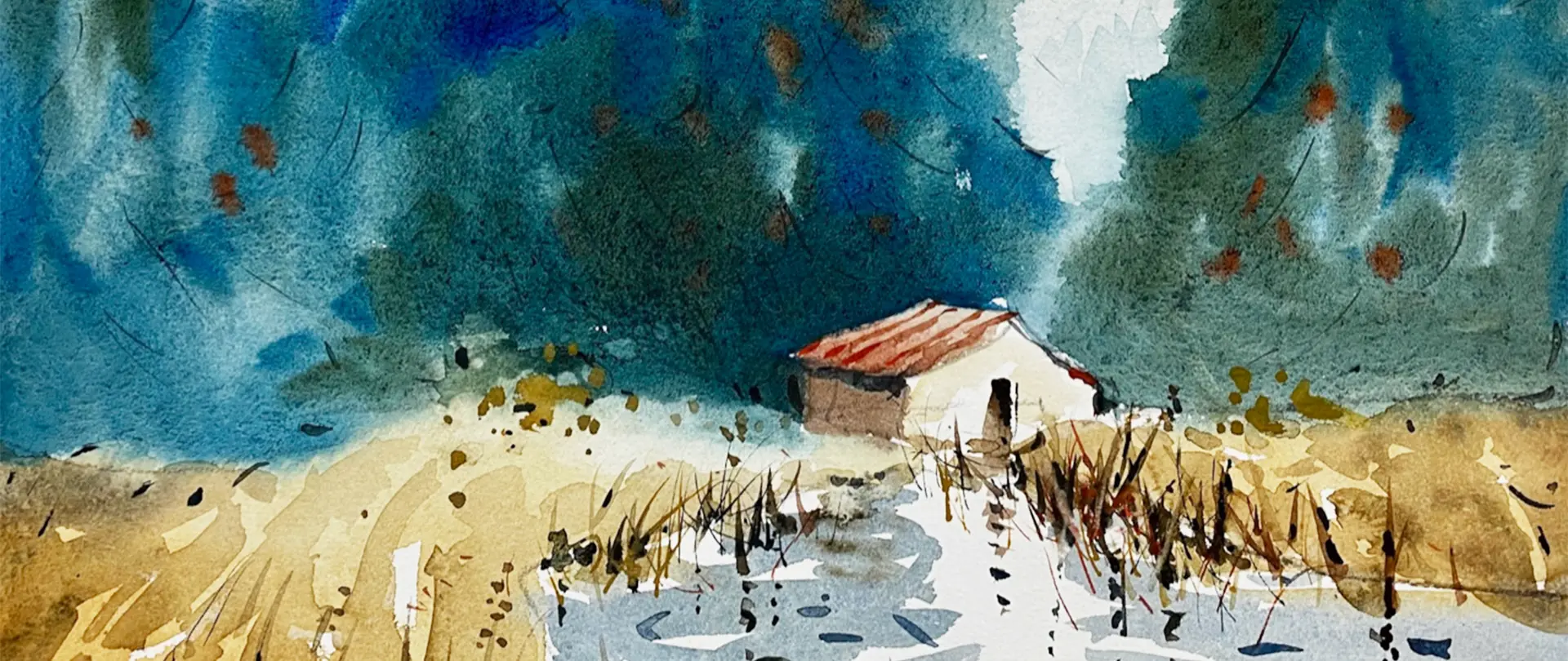 Aquarellmalerei mit Haus am See, Wiese und Bäumen in lebendigen Blau- und Erdtönen, vermittelt Tipps und Tricks für Einsteiger und Fortgeschrittene
