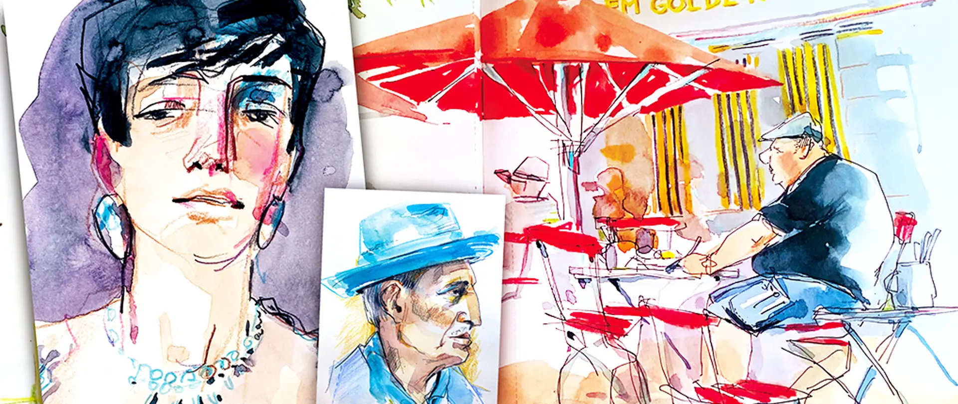 Mit Spaß Zeichnen Lernen - Portrait und Figur Farbenfrohe Aquarell-Skizzen von Portraits und einer Straßenszene mit Menschen, die lebendig und humorvoll gezeichnet sind