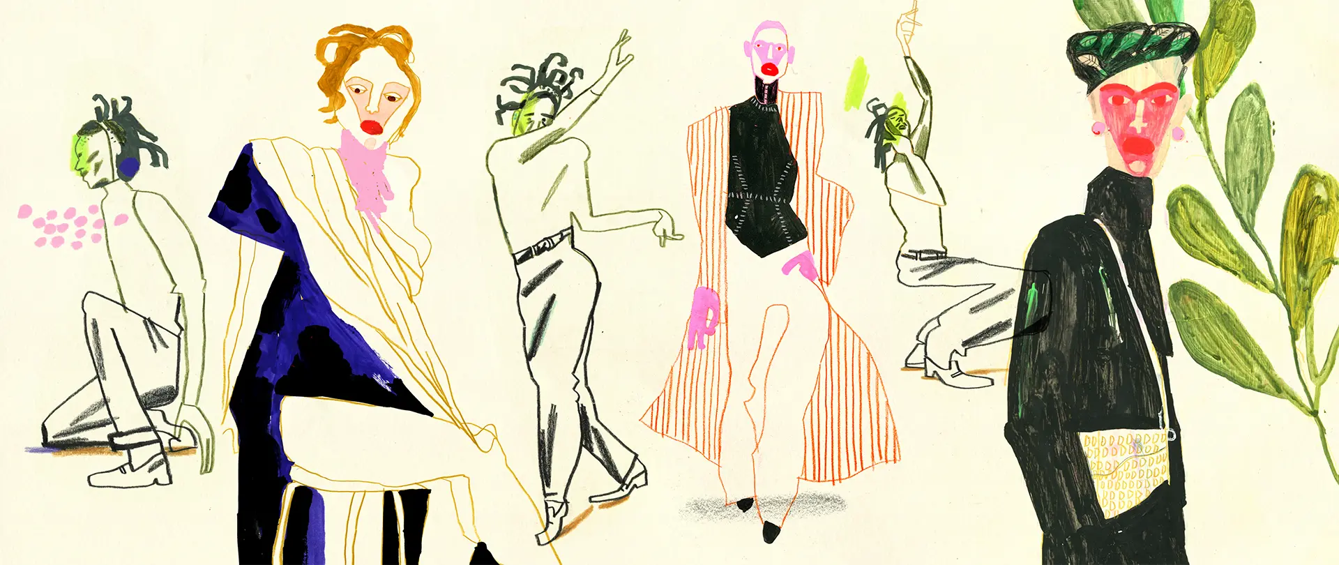 Moderne Modeillustrationen mit farbigen Akzenten und lebendigen Figuren in diversen Posen, gezeichnet mit Buntstift und Wasserfarbe