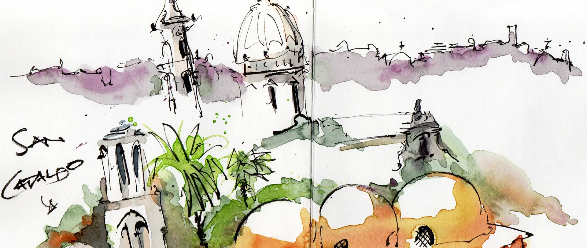 Lockere Aquarellskizze von Venedigs Architektur mit Kuppeln, Türmen und Pflanzen, inspiriert von schnellen Skizzen im Freien während des Zeichenkurses