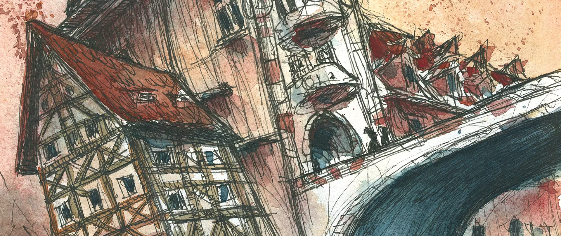 Stadtansicht mit historischen Fachwerkhäusern und Brücke in künstlerischer Skizzenbuch-Illustration zur atmosphärischen Stadtdarstellung