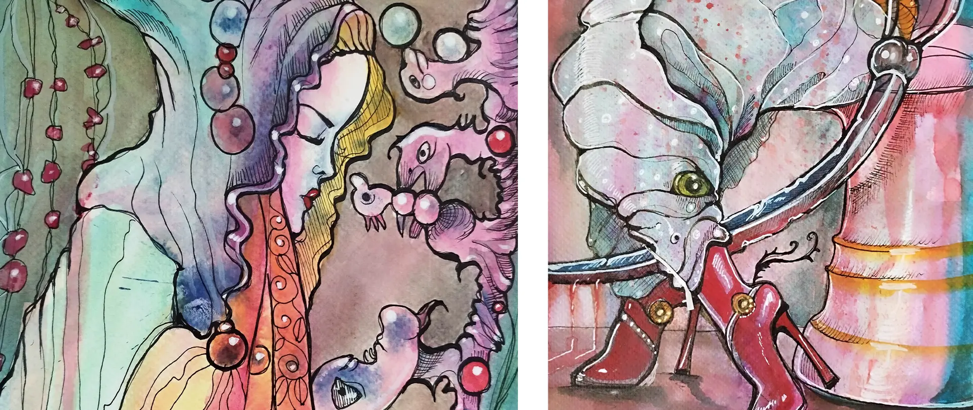 Surrealistische Aquarellillustrationen mit detailreichen Figuren, Vögeln und abstrakten Formen, die Kreativität und Zufall in der Kunst verbinden