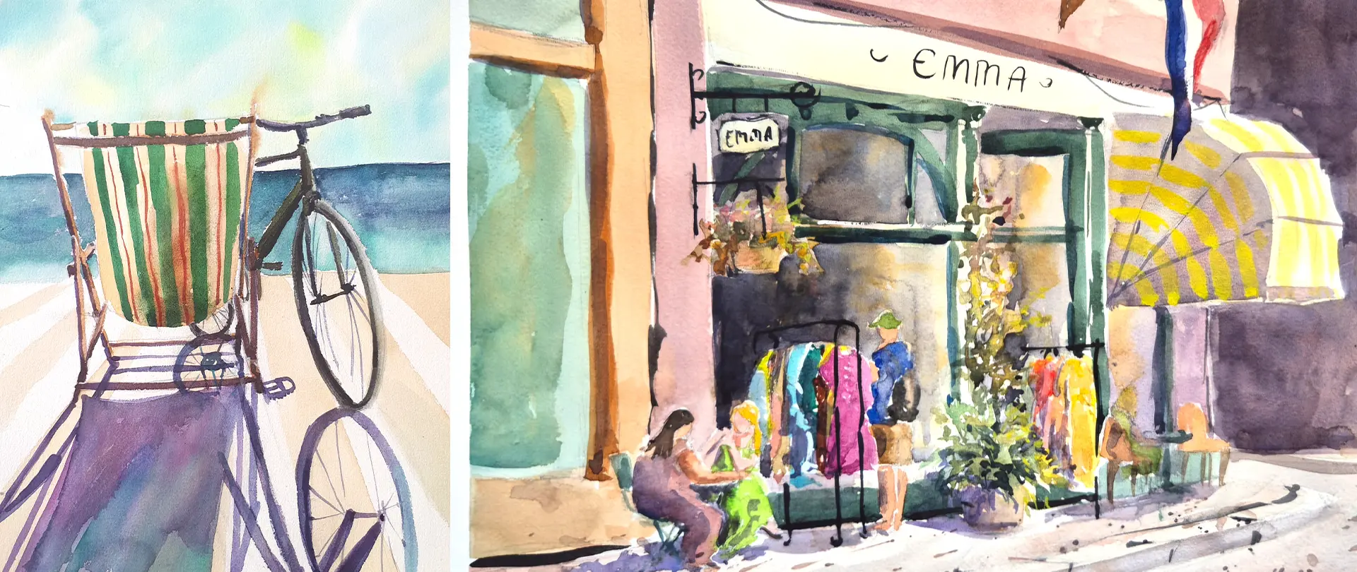 Fahrrad am Strand und Straßenszene mit Menschen vor einem Aquarellgeschäft, beide in sanften Aquarellfarben für Anfänger gemalt