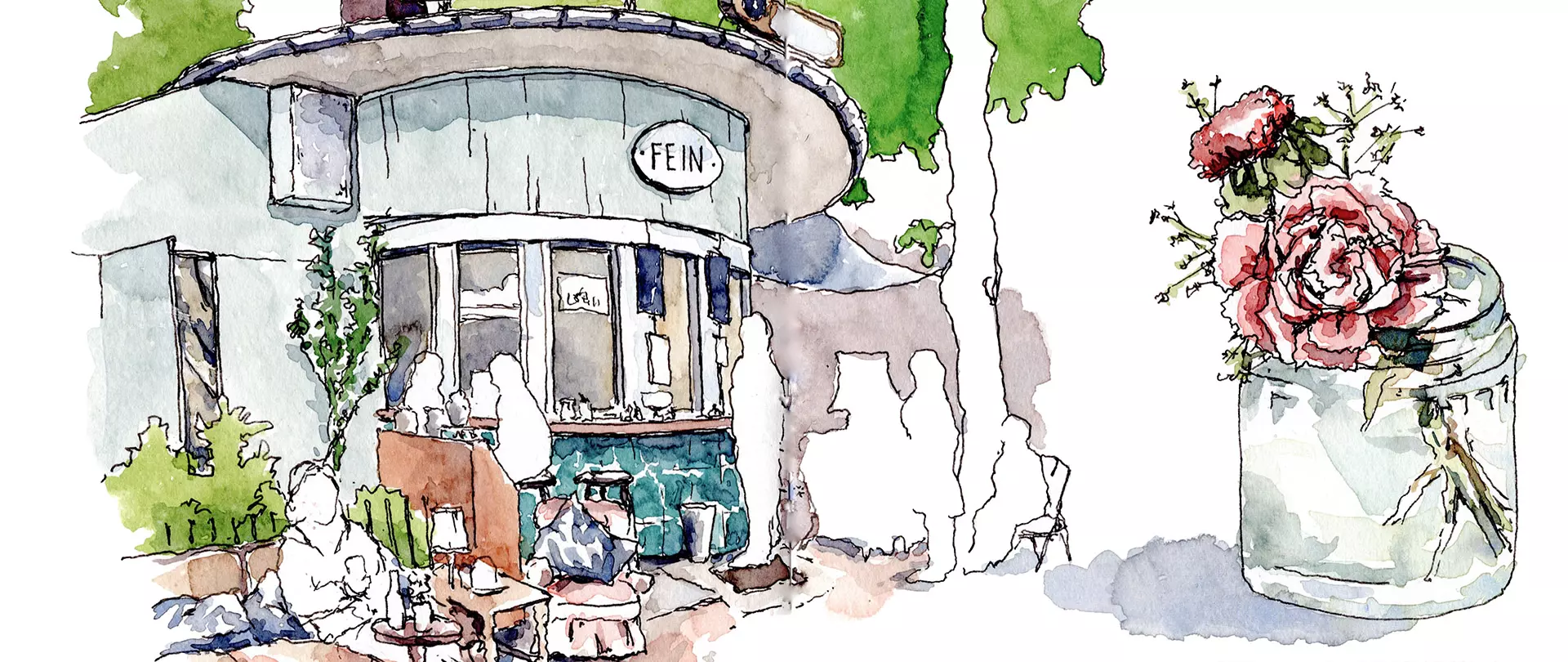 Urban Sketching zeigt eine Aquarellzeichnung eines Cafés mit dem Schild 'FEIN' und Personen an Tischen, daneben ein Glas mit rosa Rosen Aquarell Skizze erstellt von artistravel Dozent Danny Hawk